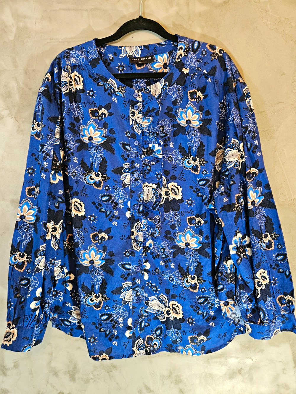 Lane Bryant Size 24 Blue Floral Ruffle 100% Cotton Long Sleeve Button Blouse